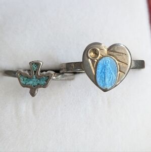 Silvertone Blue Mother Mary Expandable Heart and Bird Ring Set